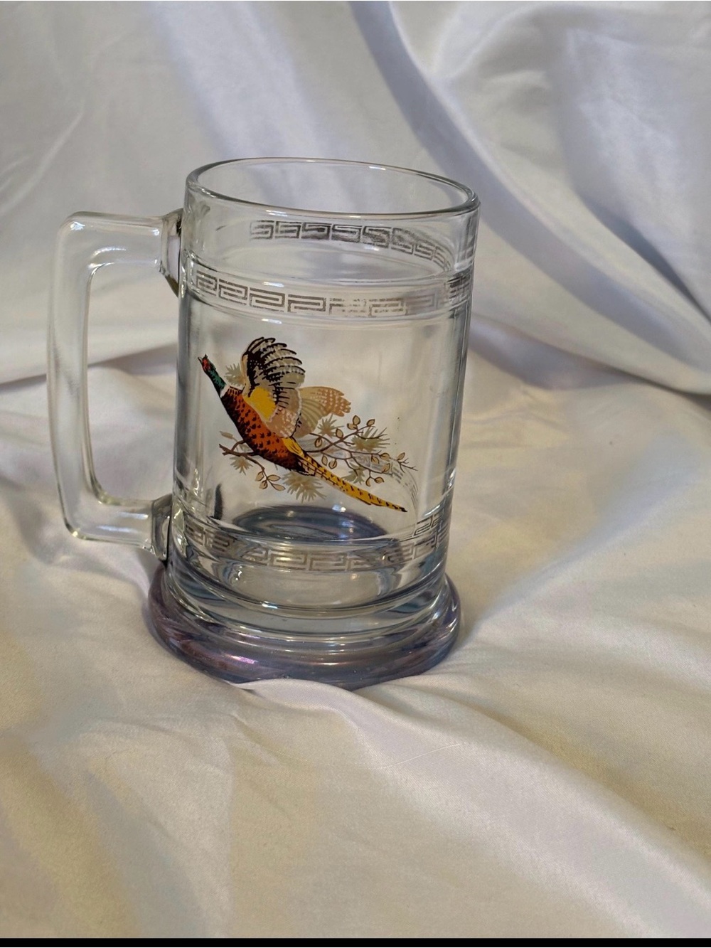 Vintage Glass Beer Stein, Colonial Pheasant Decal, Weighted Base wildlife